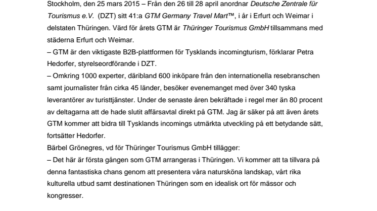 41:a GTM Germany Travel Mart går av stapeln den 26 april 2015 i den tyska delstaten Thüringen