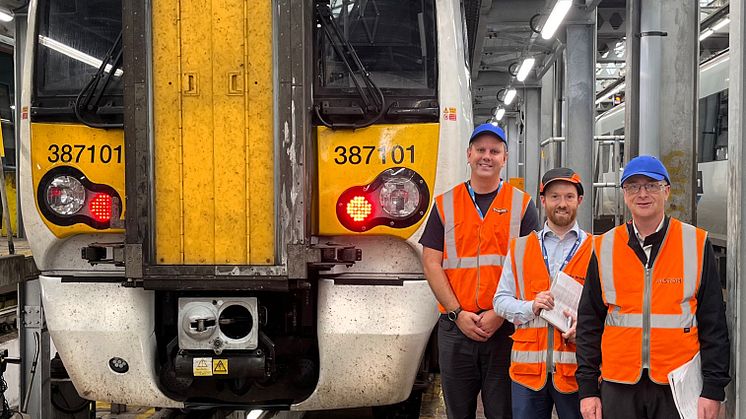 First-in-class 387 prepped ready for ETCS retrofit. Pictured from left are Govia Thameslink Railway ERTMS Fleet Project Manager Aaron Meakin, Alstom Lead Project Manager Ian Coleman and Porterbrook Fleet Engineer Mick Ridgeway (download below)