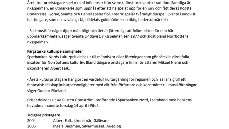 Norrbottens riksspelmän får Sparbanken Nords kulturpris