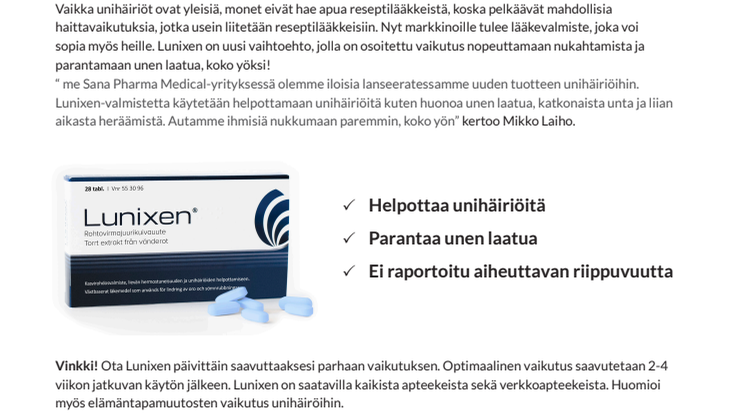 Uutuustuote Lunixen helpottaa unihäiriöitä