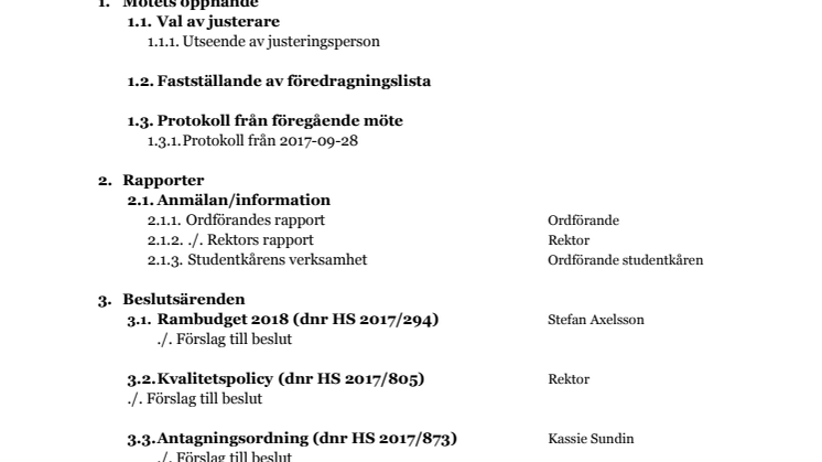 Föredragningslista, styrelsemöte 171219