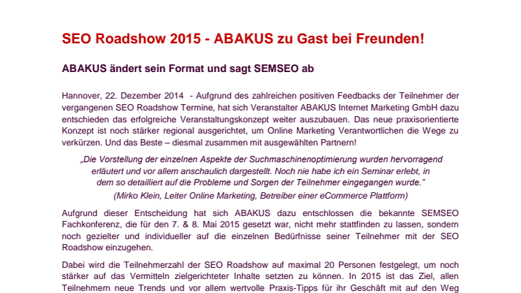 SEO Roadshow 2015 - ABAKUS zu Gast bei Freunden!