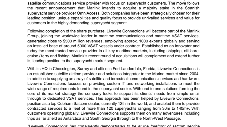 Marlink to acquire Livewire Connections to create the leading maritime VSAT company in the superyacht market