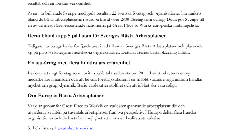 Iterio en av Europas Bästa Arbetsplatser 2018