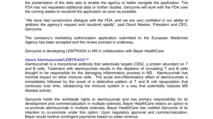 Genzyme Provides Update on U.S. LEMTRADA™(*) Filing
