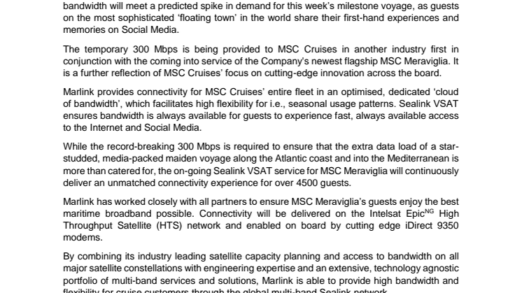 Marlink: Marlink providing record breaking 300 Mbps broadband for MSC Cruises 