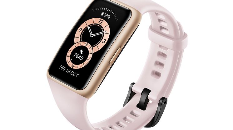 Huawei Band 6 i färgen Sakura Pink.