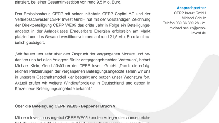 Direktbeteiligung CEPP WE05 – Beppener Bruch V erfolgreich platziert – CEPP setzt Engagement am Windkraftstandort Deutschland fort