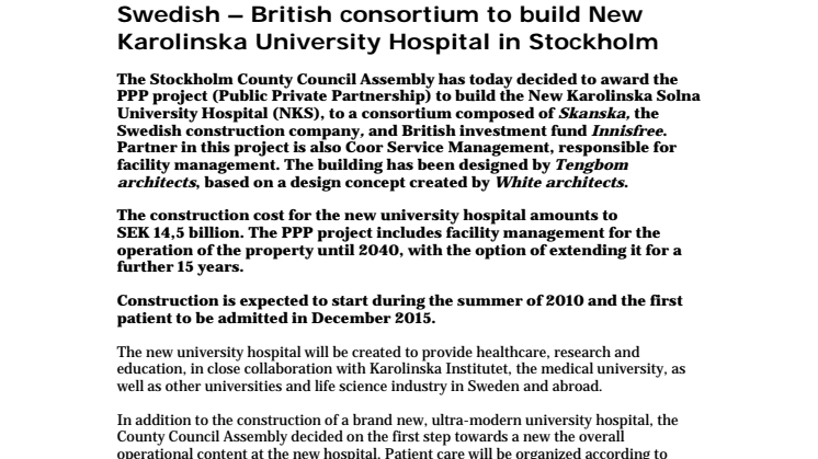 Swedish – British consortium to build New Karolinska University Hospital in Stockholm