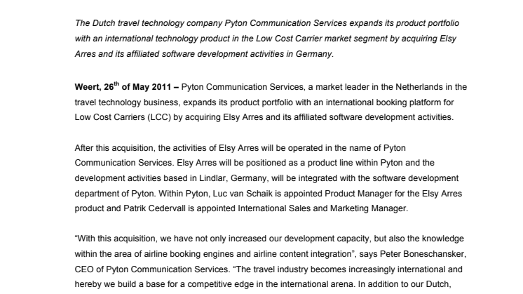 Dutch market leader moves into the international travel technology arena by acquiring Low Cost Carrier booking engine technology company