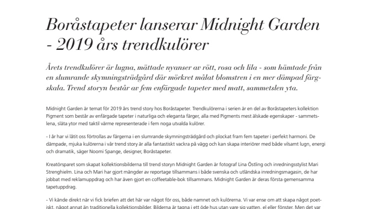Boråstapeter lanserar Midnight Garden - 2019 års trendkulörer