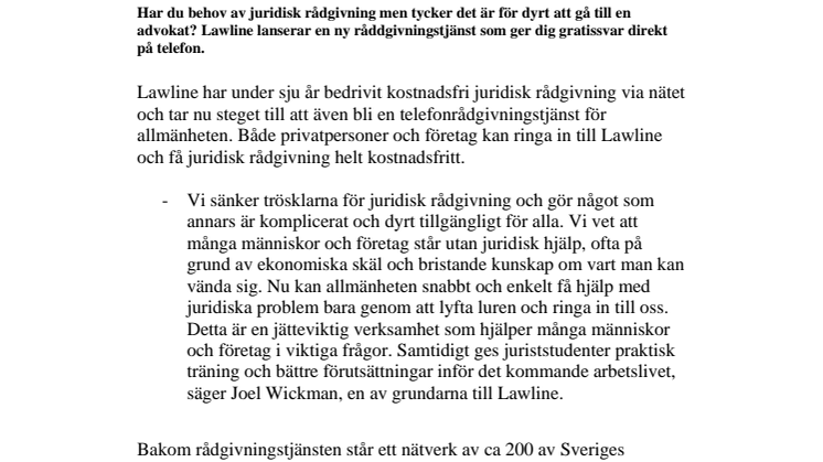 Lawline lanserar gratis juridisk rådgivning per telefon