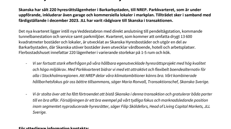 JLL rådgivare till Skanska vid försäljning av hyresrättsprojekt i Barkarbystaden för cirka 720 miljoner kronor