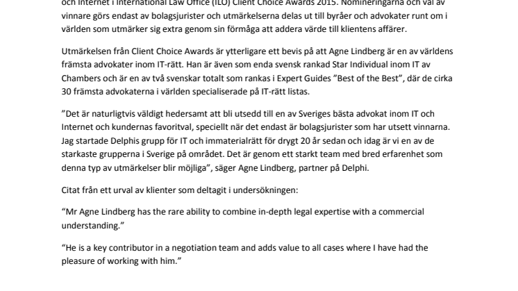 Agne Lindberg, partner på Delphi, vinner ytterligare en utnämning som Sveriges ledande IT-jurist: Client Choice Awards 2015