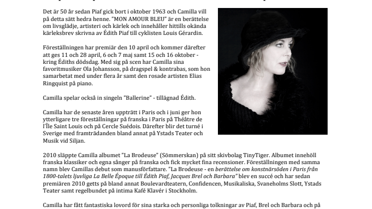 CAMILLA RINGQUIST ger en personlig hyllning till Édith Piaf på OLYMPIA TEATERN - ”MON AMOUR BLEU”