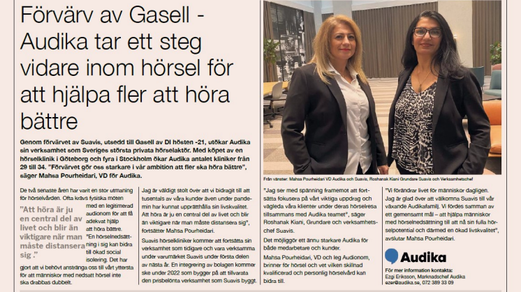 Artikel i Dagens Industri:  Förvärv av Gasellföretag - Audika tar ett steg vidare inom hörsel för att hjälpa fler att höra bättre