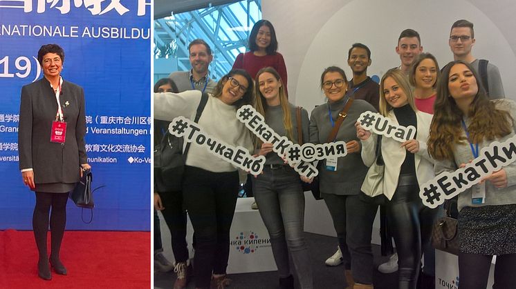 Links: Prof. Dr. Dolores Sanchez Bengoa in Chongqing. Rechts: HdWM-Studierende mit Studis aus 17 Ländern in Jekaterinburg.