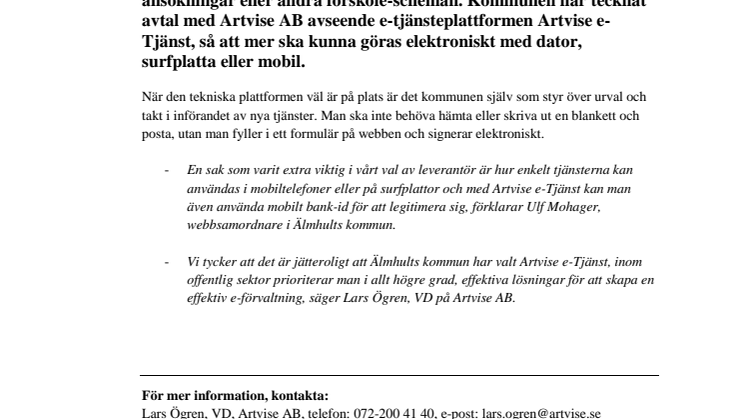 Älmhults kommun väljer Artvise e-Tjänst!