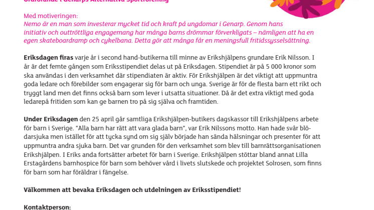 Nemo Bergnehr tar emot pris på Eriksdagen i Genarp
