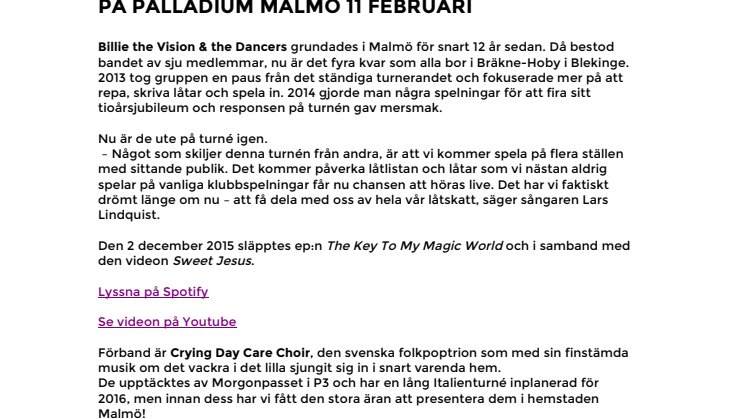 Billie the Vision & the Dancers – It's my drug it's my religion Tour 2016 på Palladium Malmö  11 februari