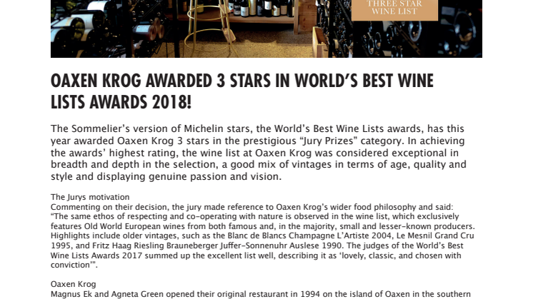 Oaxen Krog awarded 3 stars in World’s Best Wine Lists Awards 2018