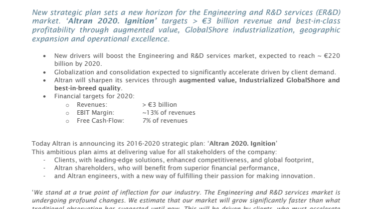 Altran unveils its strategic plan: ‘Altran 2020. Ignition’