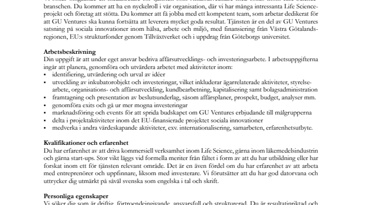 GU Ventures söker ny medarbetare: Affärsutvecklare inom Life Science
