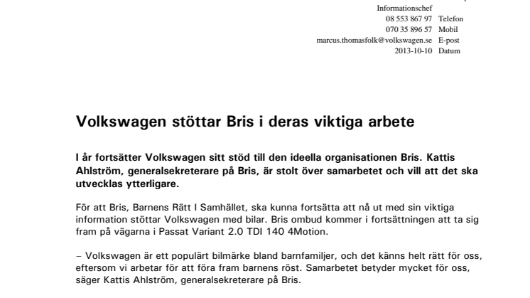Volkswagen stöttar Bris i deras viktiga arbete