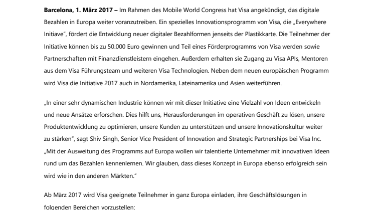 Visa startet „Everywhere Initiative“ für digitales Bezahlen mit Start-up-Wettbewerb in Europa