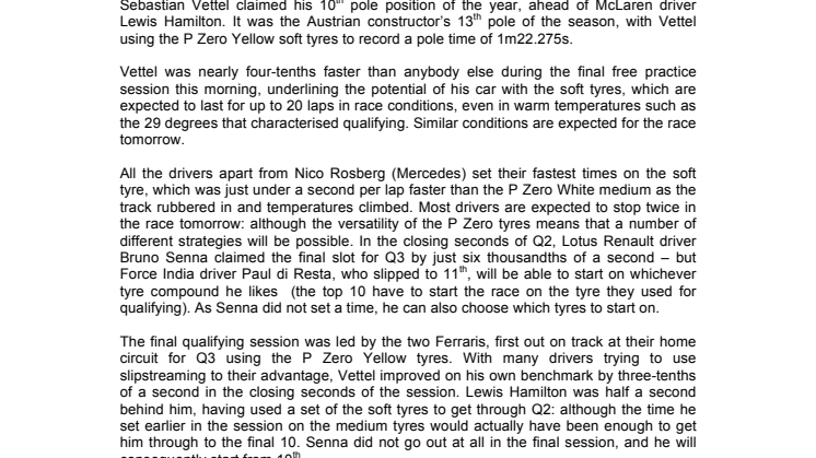 Vettel tog pole position igen i Pirellis hemmatävling på Monza 