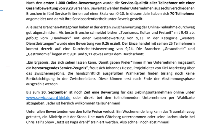 Zwischenbilanz des Kieler Service Award zeigt herausragende Servicequalität