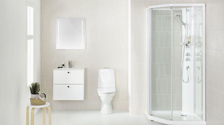 NYE SHOWERAMA 10-5 fås både firkantet og femkantet, som her i hvit utførelse.