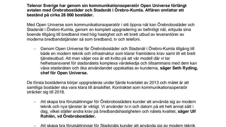Örebrobostäder och Stadsnät i Örebro-Kumla väljer Open Universe