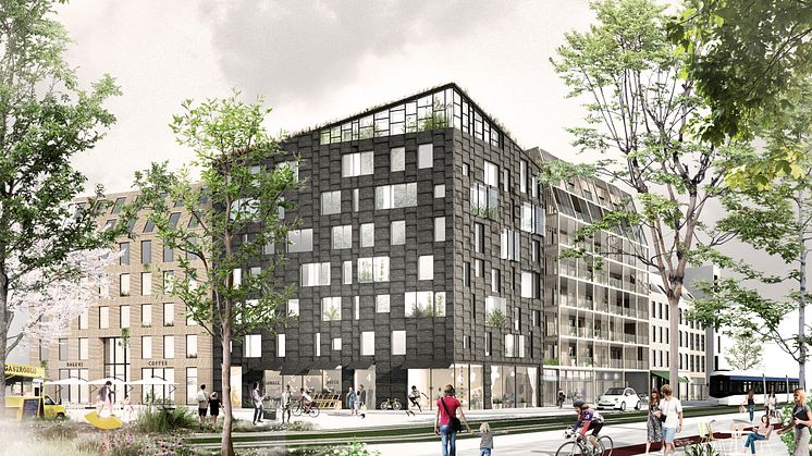 Visionsbild, gatuvy över Diligentias Woodhouse Rosendal, Uppsala