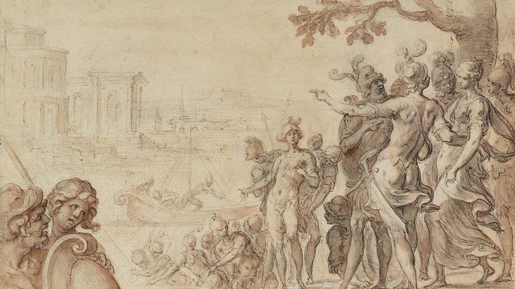Ambroise Dubois: Charikleas afskibning. Usigneret. Sortkridt, pen, lavering og hvide forhøjninger på papir. Bladstørrelse 222 x 358 mm. Hammerslag: 4,2 mio. kr. 