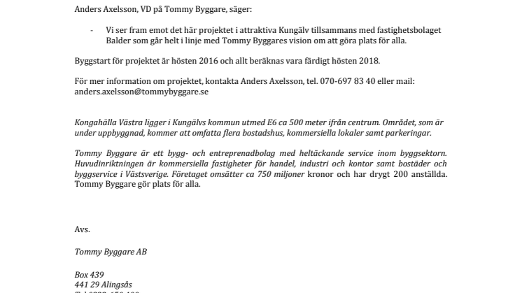 Tommy Byggare bygger 134 nya hyresrätter i Kungälv