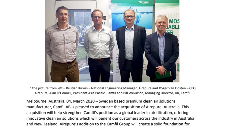 Camfil strengthens its position in the Australian market by acquiring Airepure, a leading national air filtration solutions provider