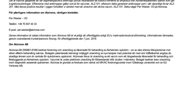 Alzinova visar positiva resultat för läkemedelskandidaten ALZ-201 i djurmodeller av Alzheimers sjukdom