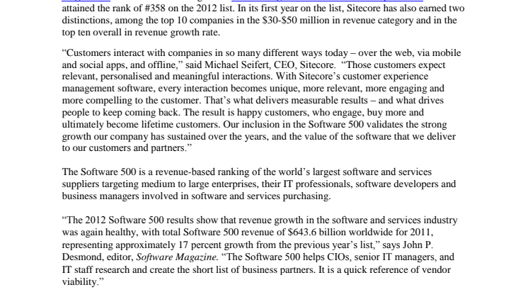 Software Magazine Ranks Sitecore as One of the World’s Largest Software Companies 