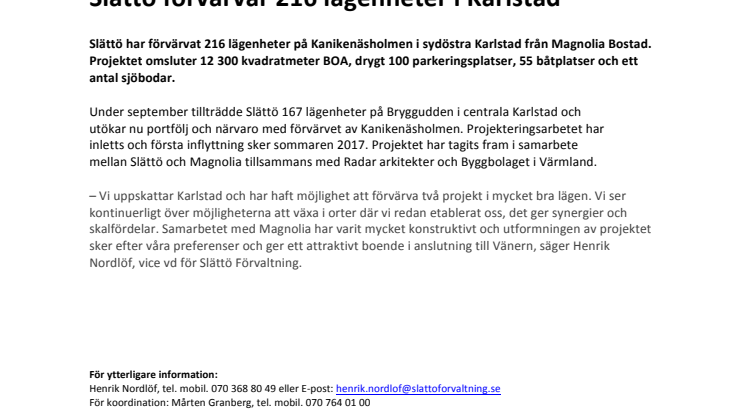 Slättö förvärvar 216 lägenheter i Karlstad