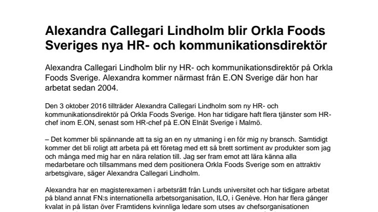 Alexandra Callegari Lindholm blir Orkla Foods Sveriges nya HR- och kommunikationsdirektör