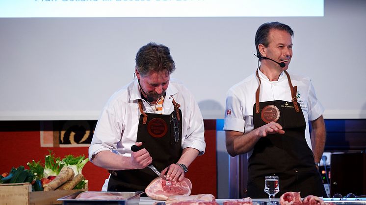 Mikael Kjellson och Fredrik Eriksson pratar unggris på Svenskt Kötts pressträff