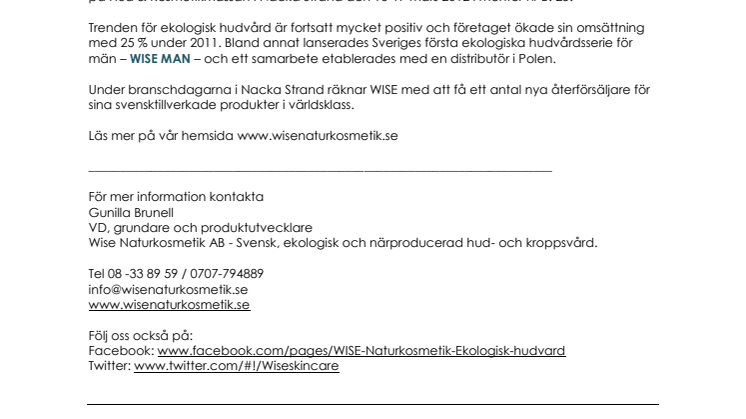 WISE Naturkosmetik ställer ut på Hud & Kosmetikmässan i Nacka Strand