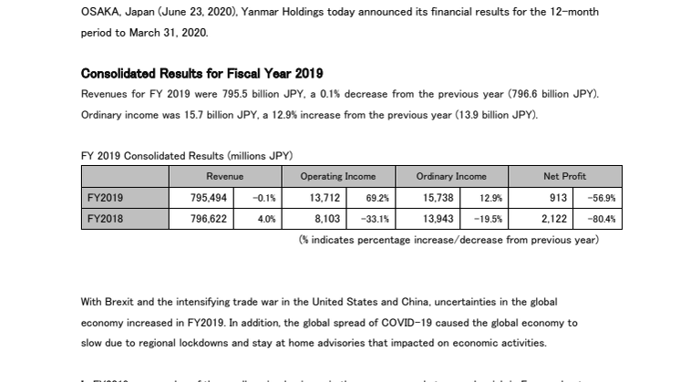 Yanmar Announces Financial Results for Fiscal Year 2019