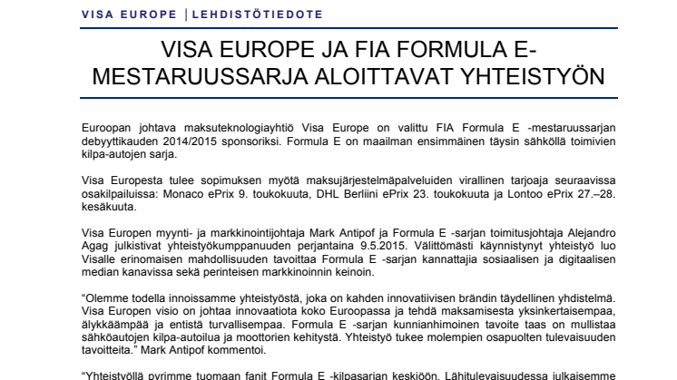 Visa Europe ja FIA Formula E -mestaruussarja aloittavat yhteistyön