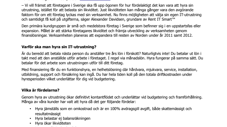 Rent IT Smart™ lanserar smidig och enkel IT-hyra för intelligenta företagare