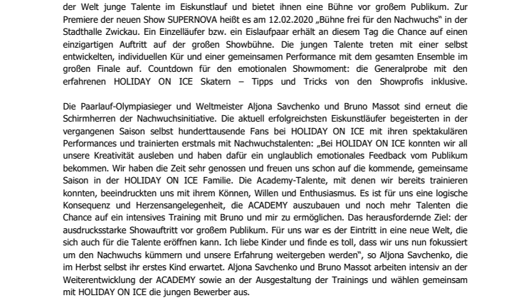HOLIDAY ON ICE ACADEMY startet Talentaufruf für Zwickau – Aljona Savchenko und Bruno Massot unterstützen die Nachwuchsinitiative