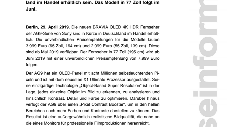 AG9 Premium OLED Fernseher von Sony in Kürze verfügbar