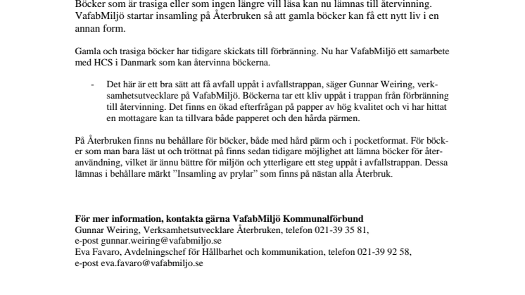Nu kan gamla böcker lämnas för återvinning på Återbruket