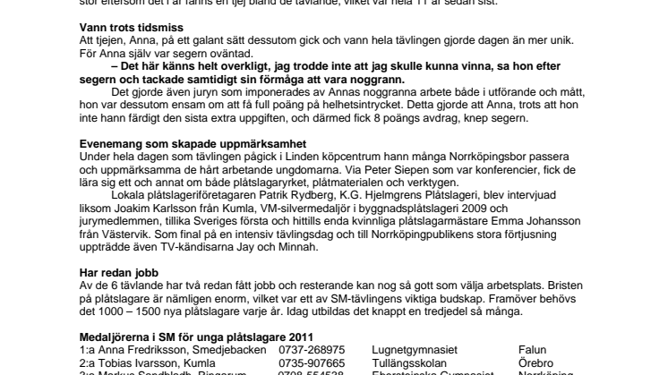 Historisk seger: Anna tog SM-guld i plåtslageri!